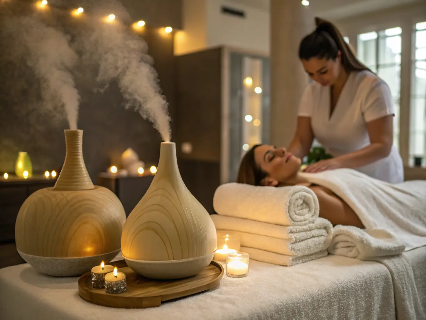 A picture of essential oils and a client enjoying an aromatherapy massage with aromatic diffusers in the background.