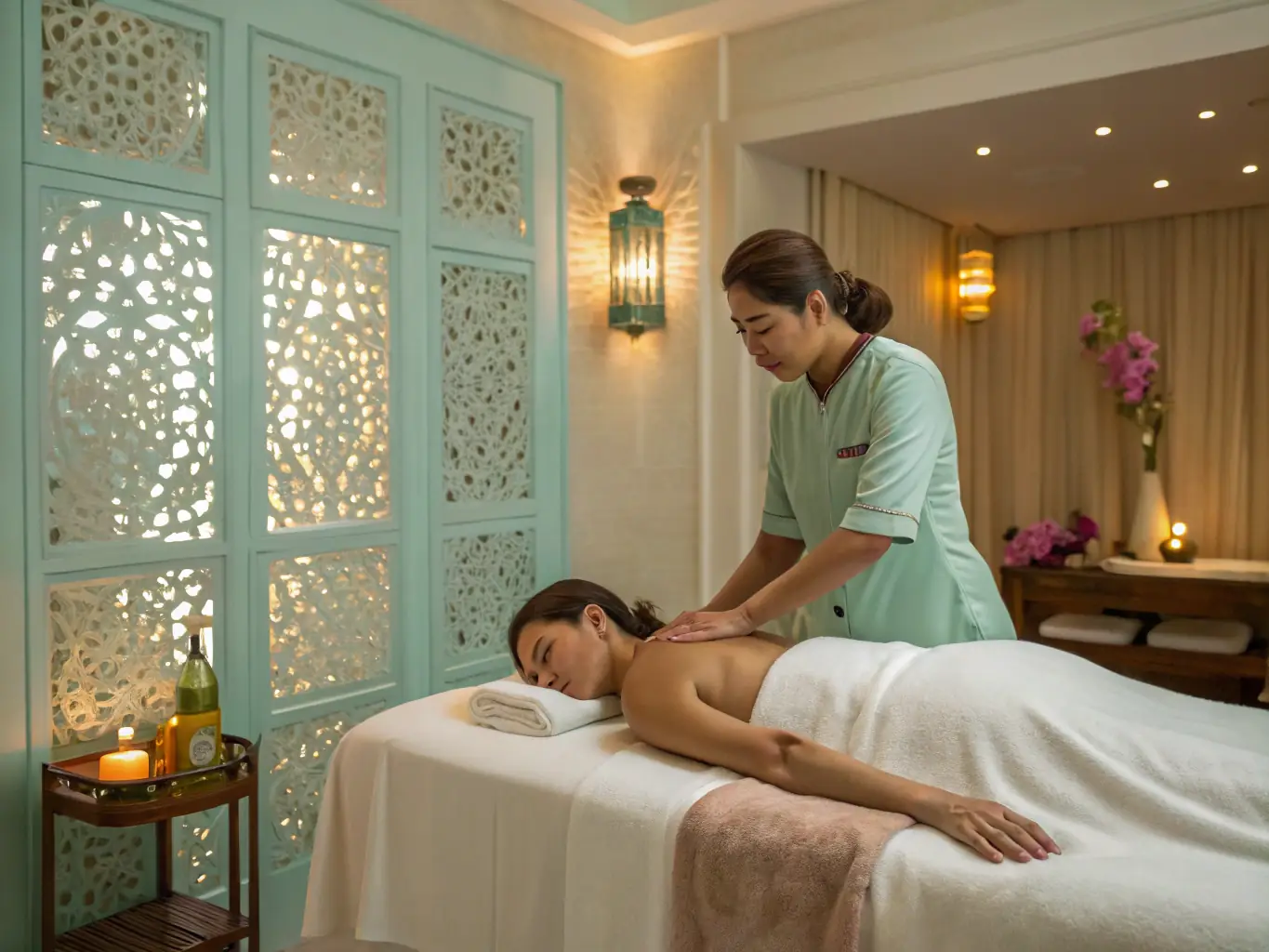 A serene image of a client receiving a relaxation massage in a tranquil spa room with soft lighting and calming decor.