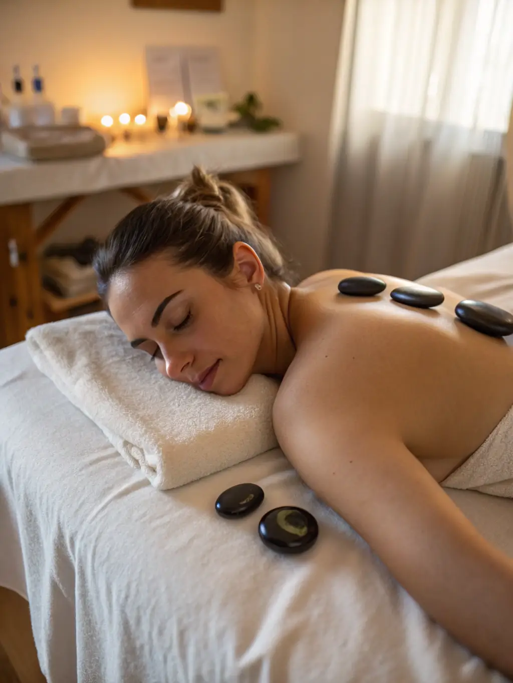 A calming image of a hot stone massage session, with smooth, heated stones placed on the client's back, emphasizing the warmth and therapeutic benefits of the treatment.