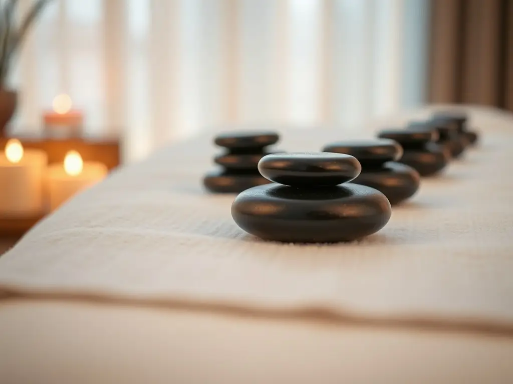 A serene spa setting with smooth, heated stones arranged on a massage table, ready for a hot stone massage session. The lighting is soft and ambient, creating a relaxing atmosphere.