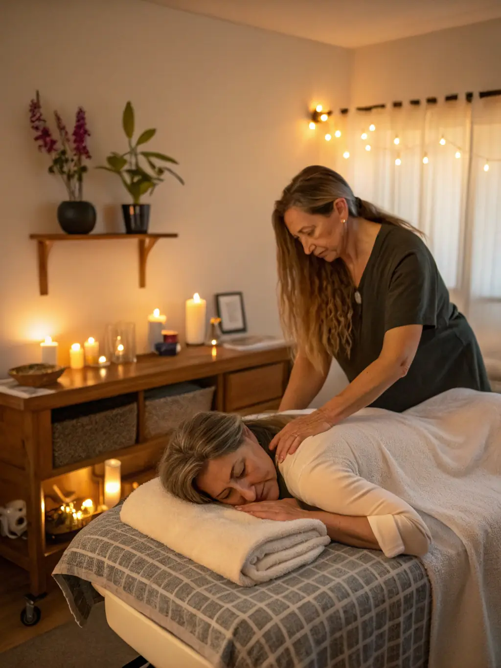 An image showcasing the calming ambiance of Dubai Massage, with soft lighting, aromatherapy diffusers, and a comfortable massage table prepared for a Thai massage session.