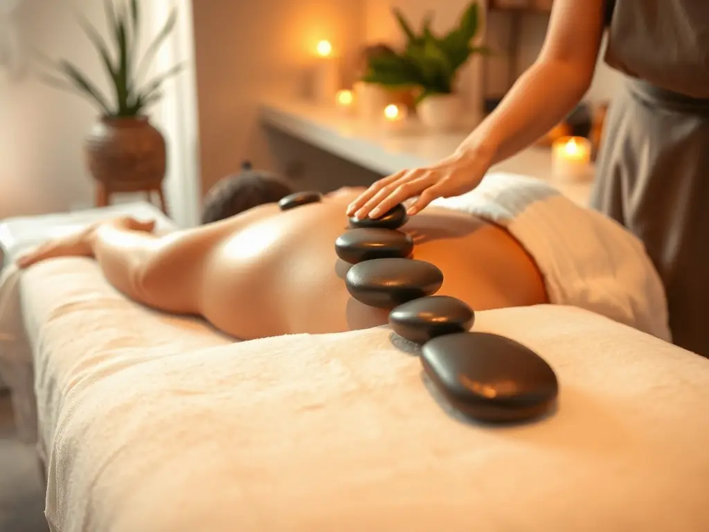 A person lying face down on a massage table, completely relaxed, with hot stones placed strategically along their spine during a hot stone massage at DubaiMassage.