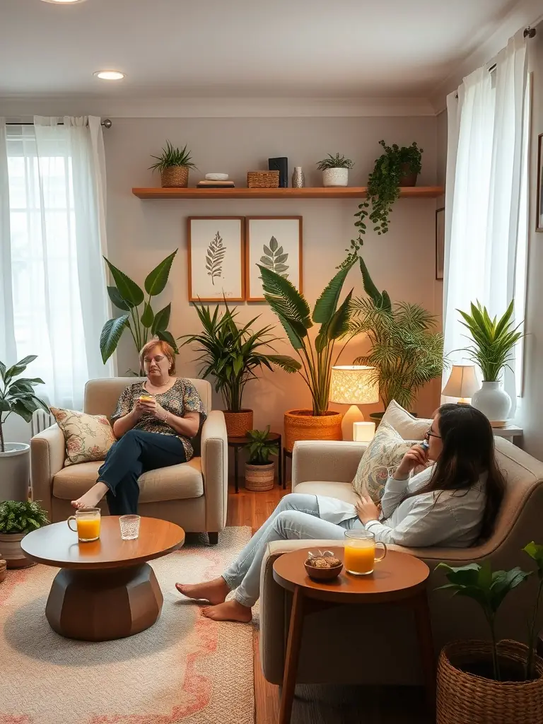A revitalized client smiling gently after a Thai massage session at Dubai Massage, with a cup of herbal tea in hand, in a tranquil relaxation area.