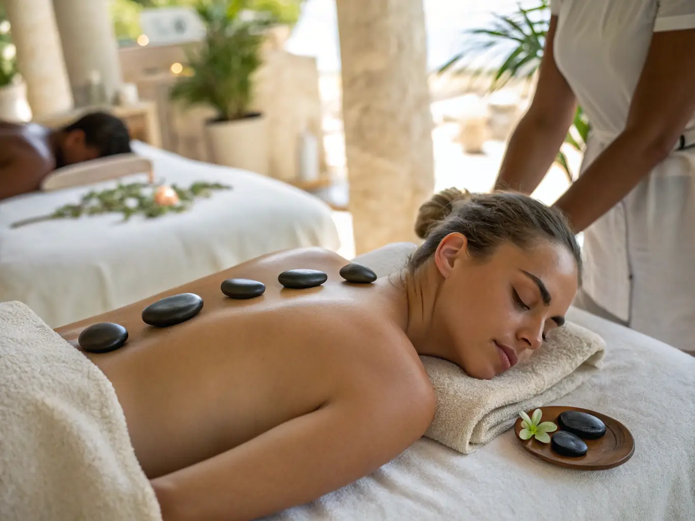 A close-up shot of a therapist's hands gently placing a hot stone on a client's back during a hot stone massage at DubaiMassage. The client appears relaxed and comfortable.