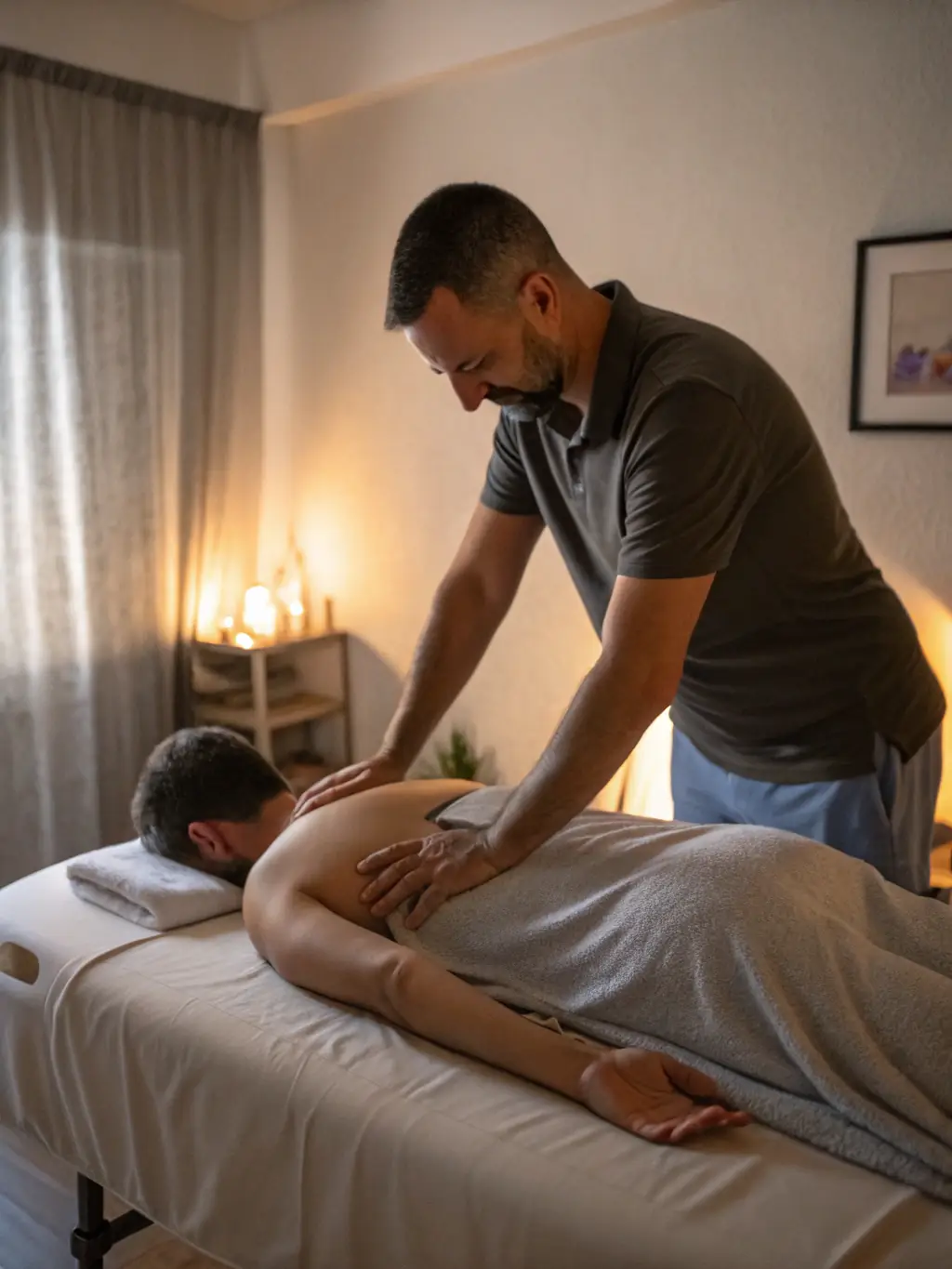 A close-up shot of a therapist's hands applying pressure to specific points on a client's back during a Thai massage session at Dubai Massage.